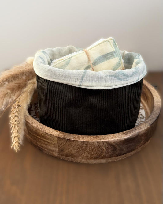 Ensemble salle de bain – Velours côtelé kaki & végétal 🌿